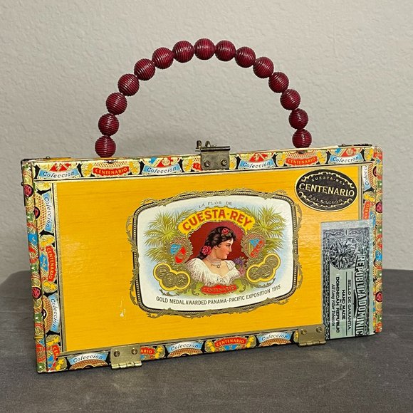 Yellow Cigar Box Purse with Red Bead Handle - Picture 1 of 6